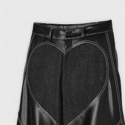 Woman Trousers Heart Vegan Leather And Denim Trousers - Black