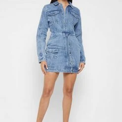Woman Dresses Denim Mini Dress - Mid Blue