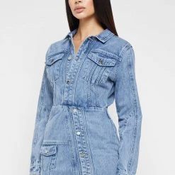 Woman Dresses Denim Mini Dress - Mid Blue