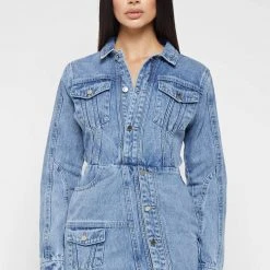 Woman Dresses Denim Mini Dress - Mid Blue