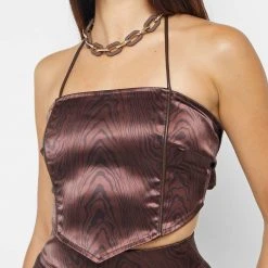 Woman Tops TOPS & T SHIRTS Woodgrain Satin Handkerchief Top - Brown