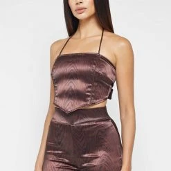 Woman Tops TOPS & T SHIRTS Woodgrain Satin Handkerchief Top - Brown