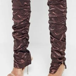 Woman Trousers Woodgrain Satin Ruched Trousers - Brown