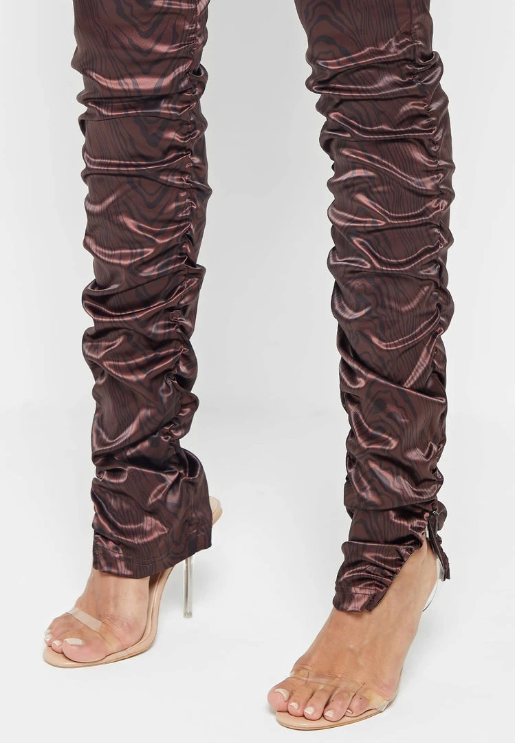 Woman Trousers Woodgrain Satin Ruched Trousers - Brown
