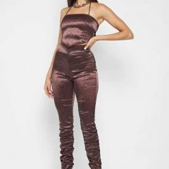 Woman Trousers Woodgrain Satin Ruched Trousers - Brown