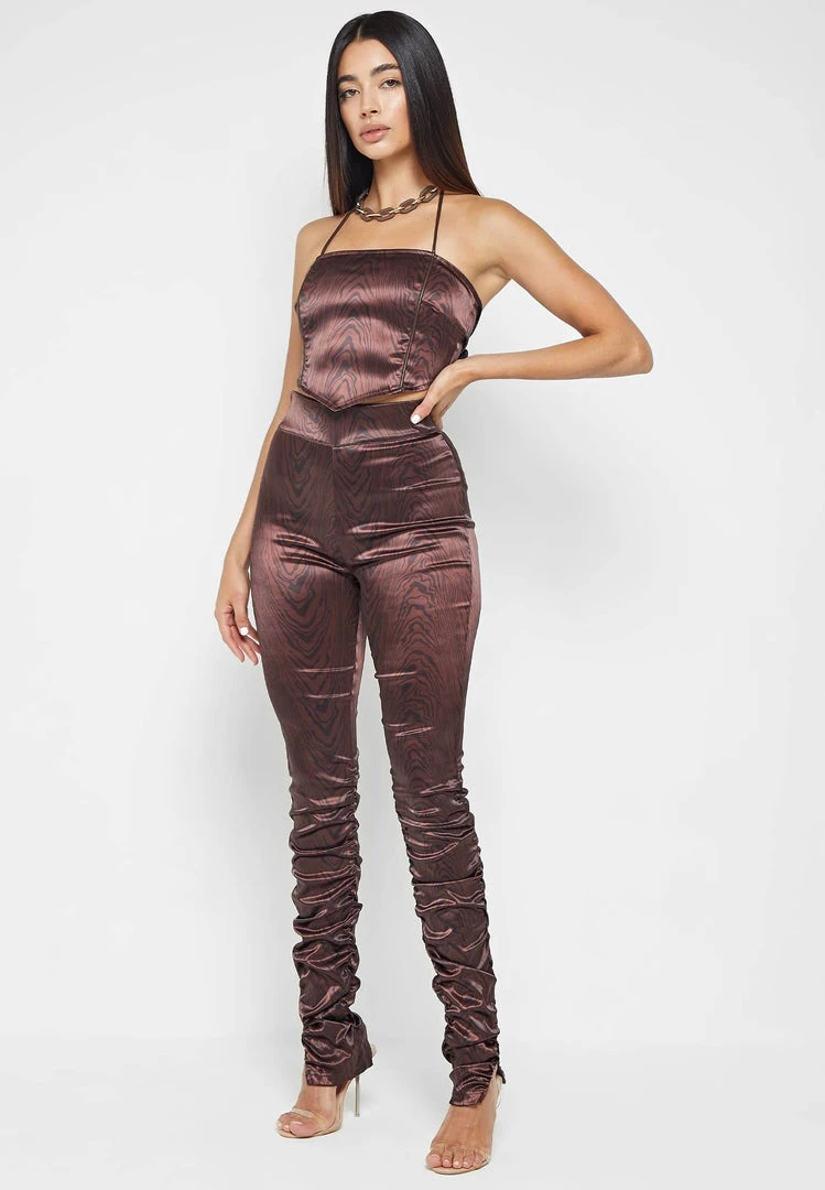 Woman Trousers Woodgrain Satin Ruched Trousers - Brown
