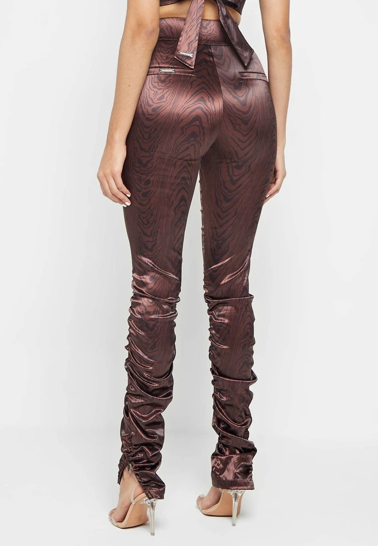 Woman Trousers Woodgrain Satin Ruched Trousers - Brown