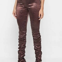 Woman Trousers Woodgrain Satin Ruched Trousers - Brown