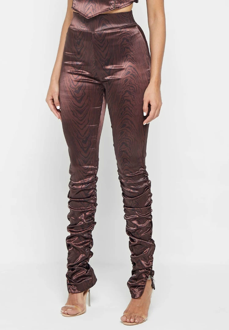 Woman Trousers Woodgrain Satin Ruched Trousers - Brown