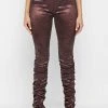 Woman Trousers Woodgrain Satin Ruched Trousers - Brown