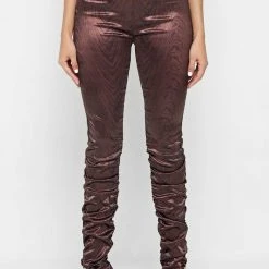 Woman Trousers Woodgrain Satin Ruched Trousers - Brown