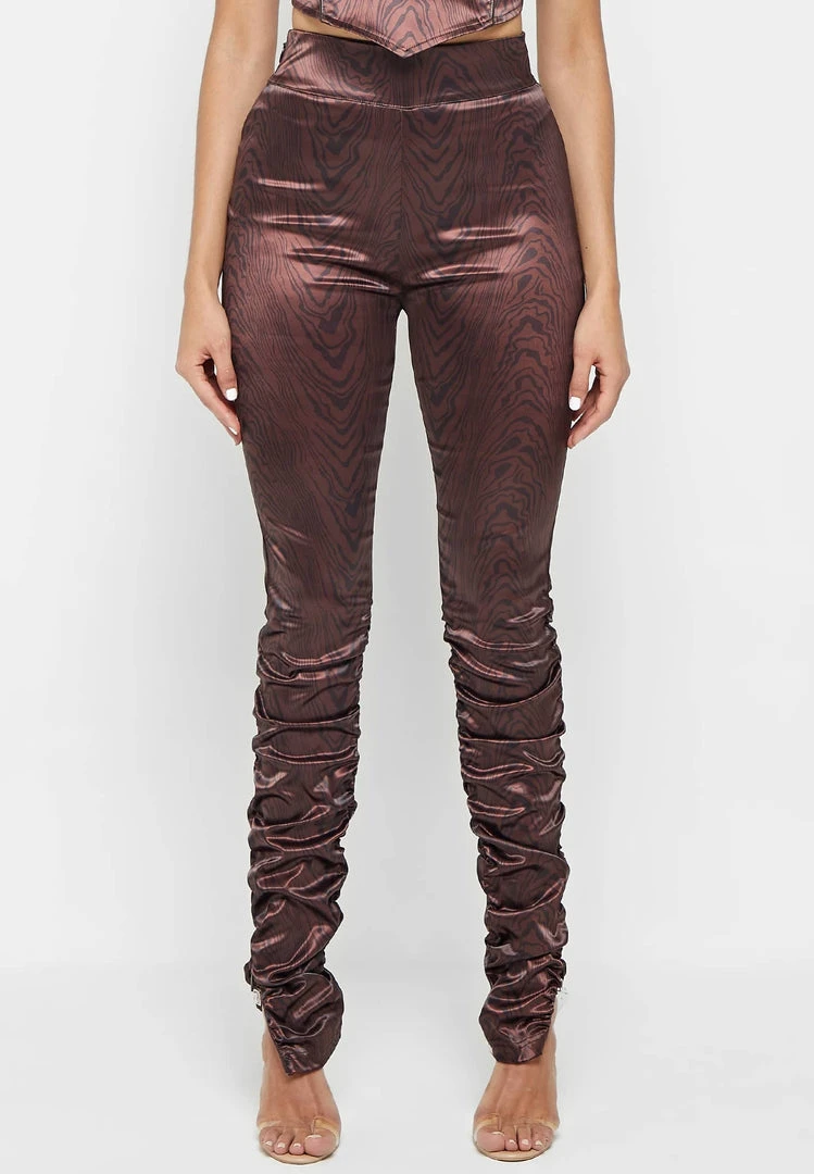 Woman Trousers Woodgrain Satin Ruched Trousers - Brown