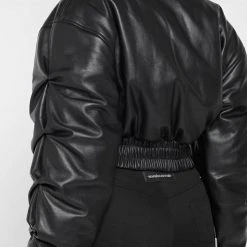 Woman Jackets Tacked Vegan Leather Bomber Jacket - Black