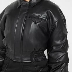 Woman Jackets Tacked Vegan Leather Bomber Jacket - Black