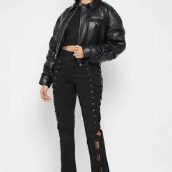 Woman Jackets Tacked Vegan Leather Bomber Jacket - Black