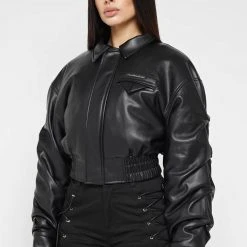 Woman Jackets Tacked Vegan Leather Bomber Jacket - Black