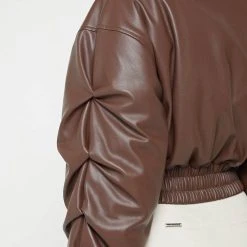Woman Jackets Tacked Vegan Leather Bomber Jacket - Brown