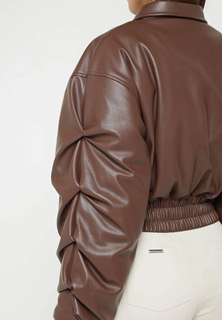 Woman Jackets Tacked Vegan Leather Bomber Jacket - Brown