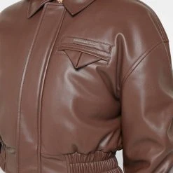 Woman Jackets Tacked Vegan Leather Bomber Jacket - Brown