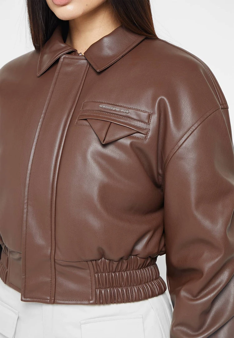 Woman Jackets Tacked Vegan Leather Bomber Jacket - Brown