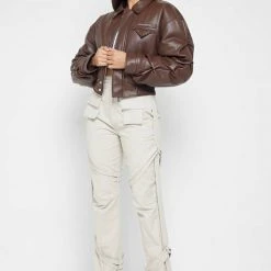 Woman Jackets Tacked Vegan Leather Bomber Jacket - Brown