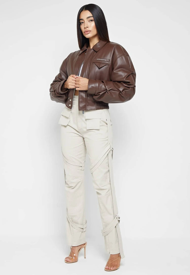 Woman Jackets Tacked Vegan Leather Bomber Jacket - Brown