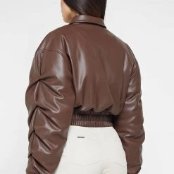 Woman Jackets Tacked Vegan Leather Bomber Jacket - Brown