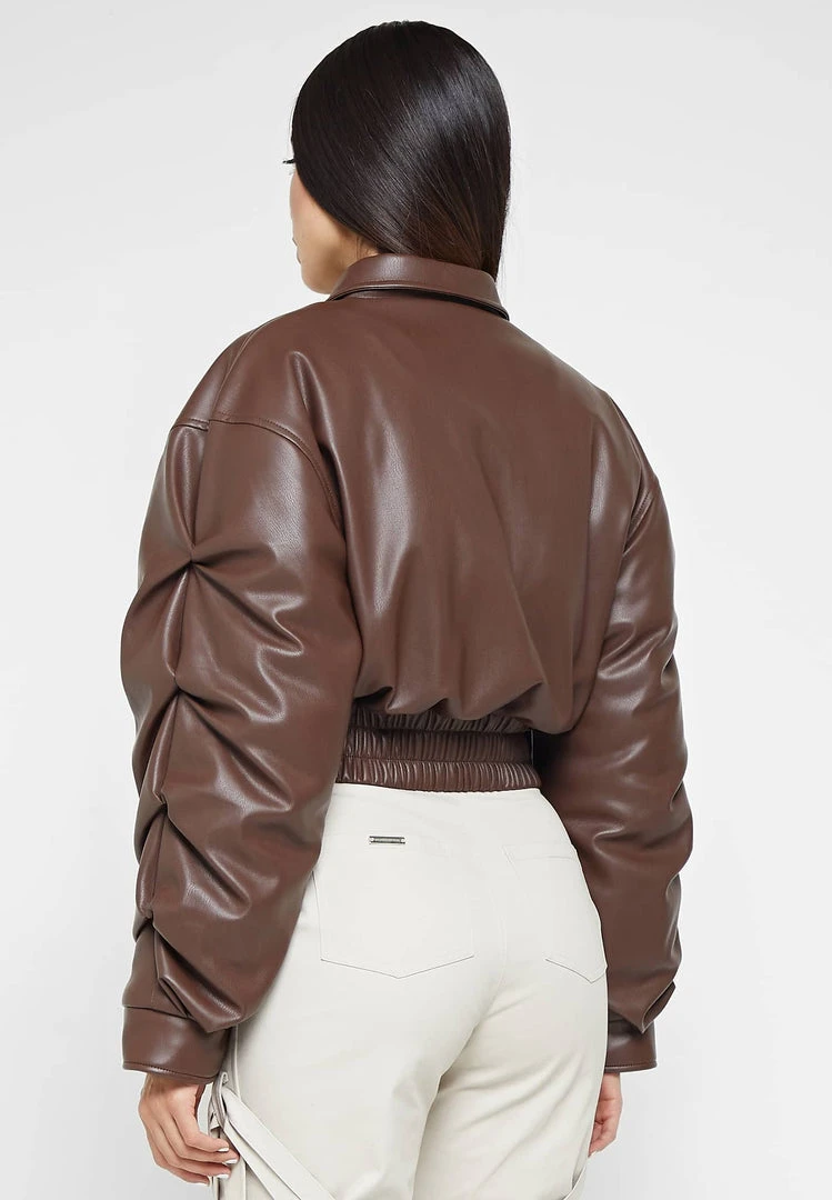 Woman Jackets Tacked Vegan Leather Bomber Jacket - Brown