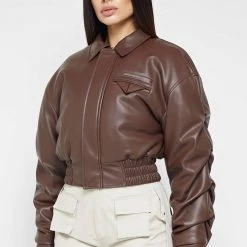 Woman Jackets Tacked Vegan Leather Bomber Jacket - Brown