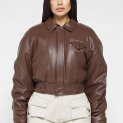 Woman Jackets Tacked Vegan Leather Bomber Jacket - Brown