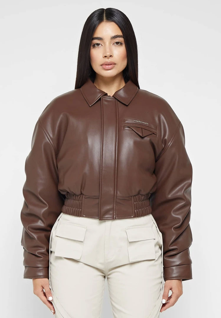 Woman Jackets Tacked Vegan Leather Bomber Jacket - Brown
