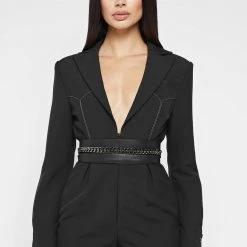 Woman Jumpsuits Blazer Playsuit With Chain - Black JUMPSUITS & PLAYSUITS
