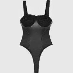 Woman Tops Vegan Leather & Shirred Mesh Bodysuit - Black