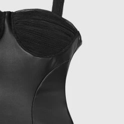Woman Tops Vegan Leather & Shirred Mesh Bodysuit - Black