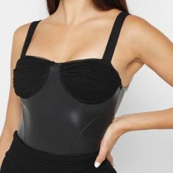 Woman Tops Vegan Leather & Shirred Mesh Bodysuit - Black