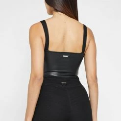Woman Tops Vegan Leather & Shirred Mesh Bodysuit - Black