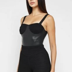 Woman Tops Vegan Leather & Shirred Mesh Bodysuit - Black