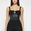 Woman Tops Vegan Leather & Shirred Mesh Bodysuit - Black