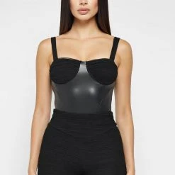 Woman Tops Vegan Leather & Shirred Mesh Bodysuit - Black