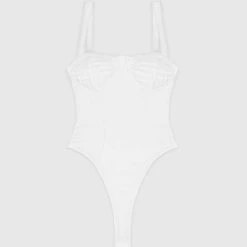 Woman Tops Vegan Leather & Shirred Mesh Bodysuit - White BODYSUITS