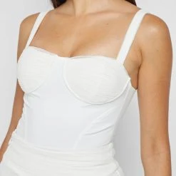 Woman Tops Vegan Leather & Shirred Mesh Bodysuit - White BODYSUITS