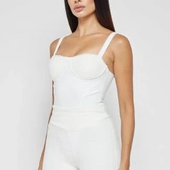 Woman Tops Vegan Leather & Shirred Mesh Bodysuit - White BODYSUITS