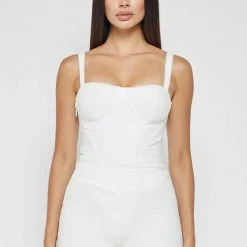 Woman Tops Vegan Leather & Shirred Mesh Bodysuit - White BODYSUITS