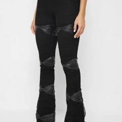 Woman Leggings Shirred Mesh Overlay Flared Leggings - Black