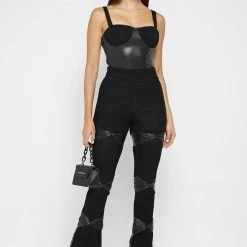 Woman Leggings Shirred Mesh Overlay Flared Leggings - Black