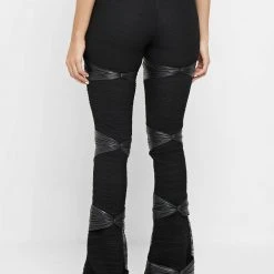 Woman Leggings Shirred Mesh Overlay Flared Leggings - Black