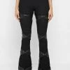 Woman Leggings Shirred Mesh Overlay Flared Leggings - Black