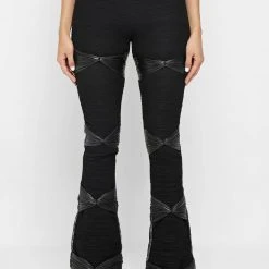 Woman Leggings Shirred Mesh Overlay Flared Leggings - Black