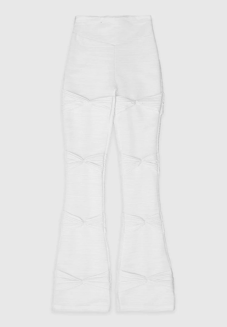 Woman Leggings Shirred Mesh Overlay Flared Leggings - White