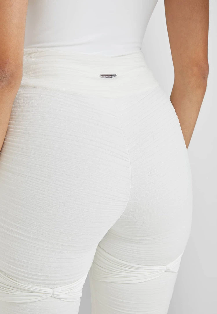 Woman Leggings Shirred Mesh Overlay Flared Leggings - White